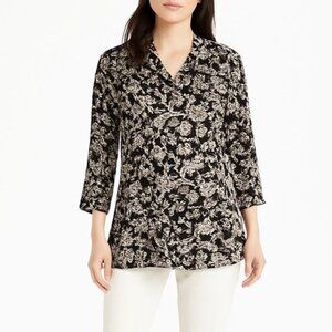 J Jill Womens Top Black Floral Button Up Rayon Blouse Sharkbite Hem Petite PS